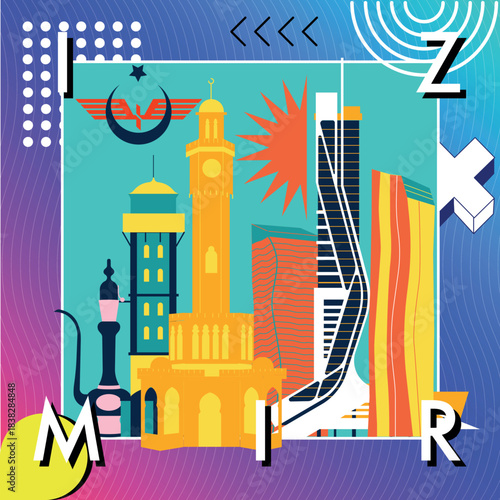 Typography word Izmir branding technology concept. Collection of flat vector web icons. Turkey culture travel set, Memphis famous architectures, specialties detailed silhouette Turkish famous landmark