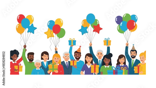 Celebration with Gift & Balloons: Group of people celebrate a special occasion with gifts and balloons, their faces reflect joy and excitement. 