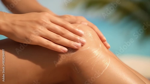 Wallpaper Mural Cinematic 4K Closeup of Woman Applying Sunscreen Lotion to Her Tanned Leg for Sun Protection During Tropical Vacation Torontodigital.ca