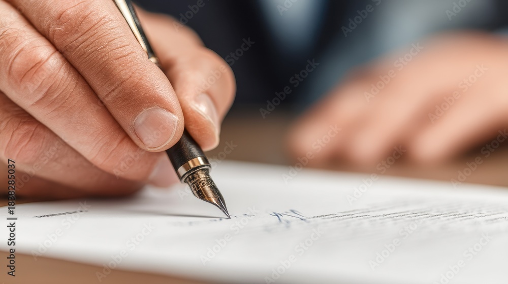 Obraz premium Hand signing document with classic fountain pen close up