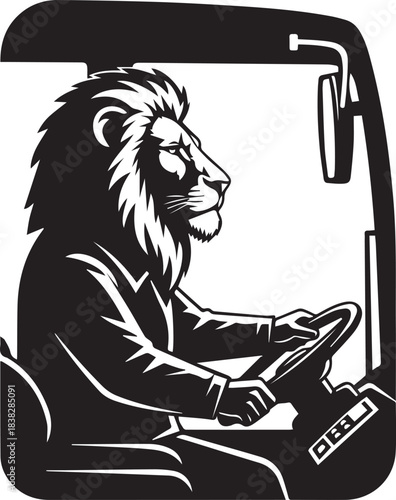 Lion driver in truck cab black and white illustration