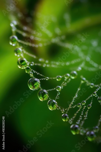 Spherical dew drops clinging to fine spider web threads in morning light