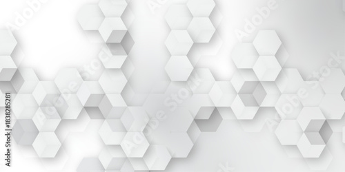 A subtle hexagon pattern background with interconnected shapes in soft gray and white. Simple abstract modern background White geometric hexagonal honeycomb shape texture background 3d copy space.