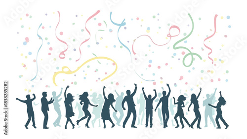 Silhouettes of Joyful Gathering: Celebrate a party, capturing the essence of a lively gathering with festive streamers and confetti. A graphic silhouette composition.