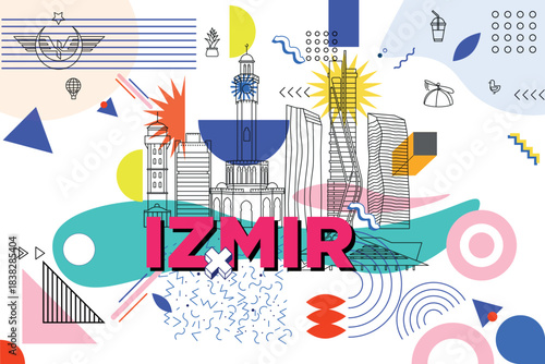 Typography word Izmir branding technology concept. Collection of flat vector web icons. Turkey culture travel set, Memphis famous architectures, specialties detailed silhouette Turkish famous landmark