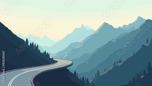 A high mountain road hairpin turn tracing narrow ridges through blue misty ranges at dawn, concept of tranquil elevation travel