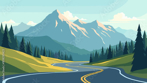 A sweeping mountain road hairpin turn winding across bright green hills before towering snowy peaks, concept of open‑air freedom