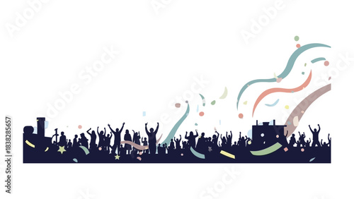 Celebration Crowd Silhouette: A celebratory silhouette of a crowd, reveling in a moment of joy, complete with floating streamers and confetti, depicting unity and shared happiness.