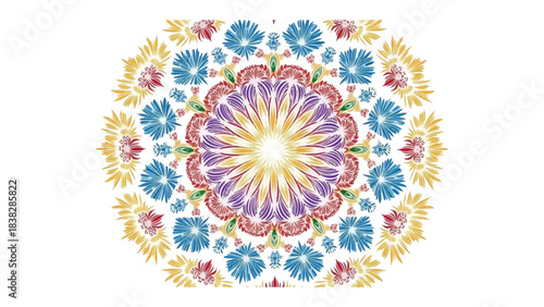 Radiant Mandala: An intricate mandala design bursts with vibrant colors, showcasing a symmetrical pattern. The intricate details of this beautiful art