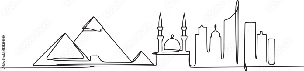 Fototapeta premium Cairo, Egypt skyline continuous line drawing. A minimalist design focused on the city's architecture. one line Icon drawing