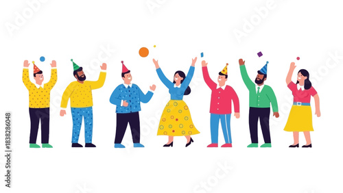 Festive Gathering: Illustrative representation of individuals reveling in a jubilant celebration, adorned with party hats, showering the air with confetti, capturing the essence of a joyous event.