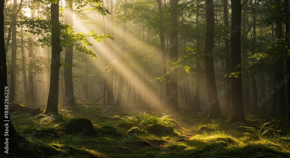 Obraz premium Bright sunbeams pierce dense woodland canopy creating atmospheric rays of light