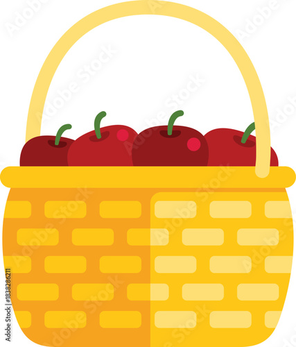 Wicker basket full of red apples is standing on a white background