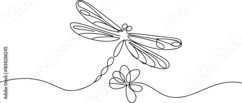 One Line Drawing Dragonfly Icon or Odonata in Sketch Art Style. Flower Continuous Line Draw, Damselflies Single Outline Vector. one line Icon drawing
