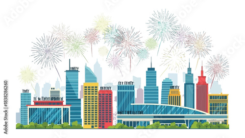 City Skyline Fireworks Celebration: An illuminated cityscape is enhanced by the colorful, dynamic artistry of exploding fireworks that paint the night sky.
