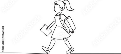 Single continuous line drawing of schoolgirl style with hold note and bag go to school. Education concept one line draw design. one line Icon drawing