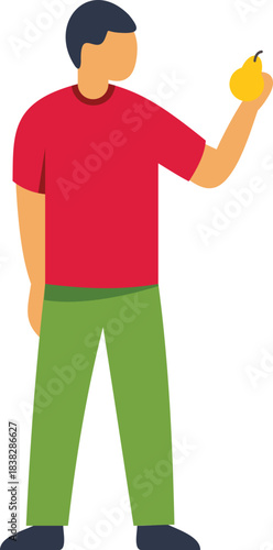 Promoting healthy eating habits, a young man holds a ripe pear, symbolizing a nutritious lifestyle