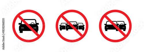 No parking sign icon set with single, double, and triple car variations, traffic prohibition symbol vector editable strokes