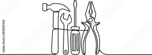 Vector continuous one single line drawing icon of set tools in silhouette. one line Icon drawing