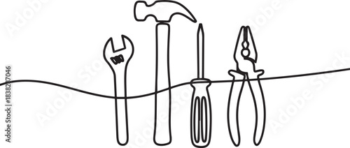 Vector continuous one single line drawing icon of set tools in silhouette. one line Icon drawing