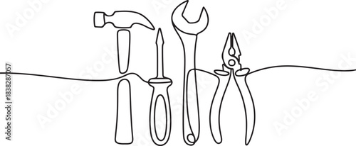 Vector continuous one single line drawing icon of set tools in silhouette. one line Icon drawing
