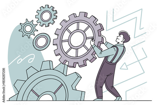 Dedicated engineer carefully placing a large gear to optimize complex system workflow and achieve business success