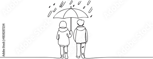 girl and boy alone umbrella outside walking away cold rain snow cold weather life one line art design Arrival of autumn concept. one line Icon drawing