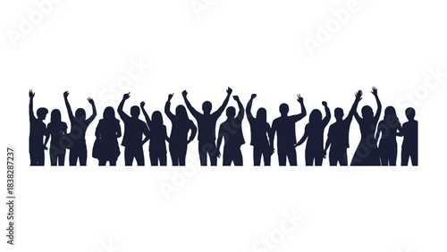 Crowd silhouette celebrating unity and togetherness: Silhouette of a jubilant crowd with raised arms, symbolizing community, unity, and a shared experience.