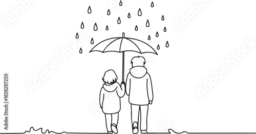 girl and boy alone umbrella outside walking away cold rain snow cold weather life one line art design Arrival of autumn concept. one line Icon drawing