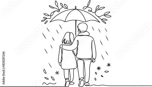 girl and boy alone umbrella outside walking away cold rain snow cold weather life one line art design Arrival of autumn concept. one line Icon drawing