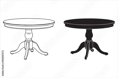 Two round pedestal tables one white and one black depicted in outline
