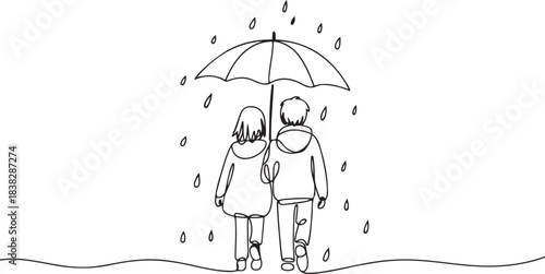 girl and boy alone umbrella outside walking away cold rain snow cold weather life one line art design Arrival of autumn concept. one line Icon drawing