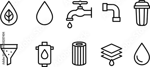 Water filtration and eco plumbing icons set. Pipes, taps, filters, drops, sustainable water outline symbols