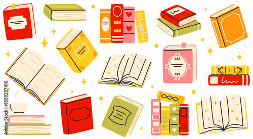 Stacks of books to read. Educational literature, back to school.