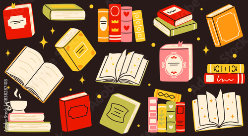 Stacks of books to read on a dark background. Educational literature, back to school.