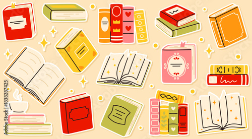 Stacks of books for reading stickers. Educational literature, back to school.