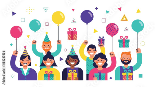 Celebration with Friends: Vibrant illustration of friends celebrating a special occasion with gifts and balloons. Evokes pure happiness and togetherness