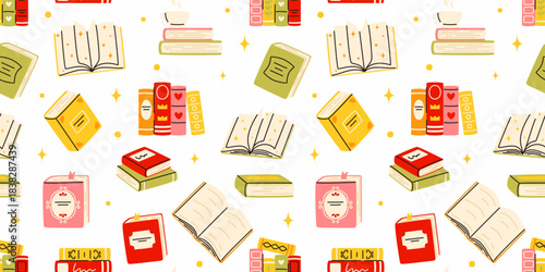 Seamless pattern with stacks of books to read. Educational literature, back to school.