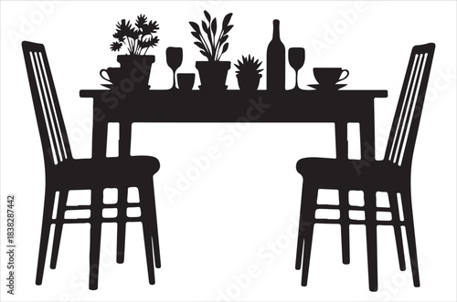A simple black silhouette of a dining table set for a meal