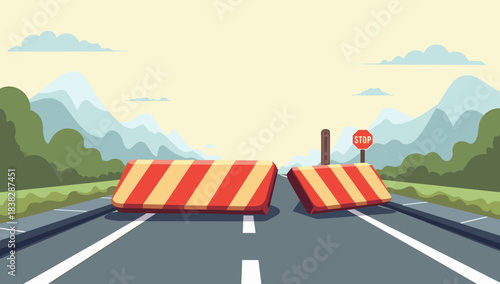 Collapsed road barrier with striped panels across mountain road under bright sky