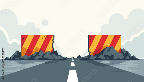 Collapsed road barrier on broken asphalt with rocky debris under cloudy sky