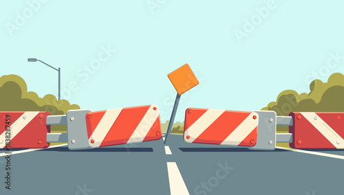 Collapsed road barrier on wide street with tilted sign