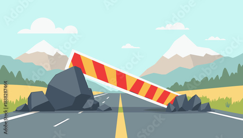 Collapsed road barrier with large boulders on highway in mountain landscape