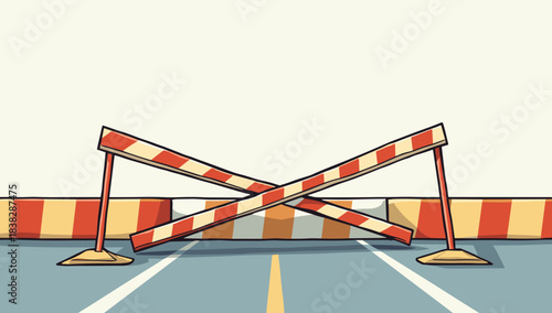 Collapsed road barrier with crossed striped poles on asphalt