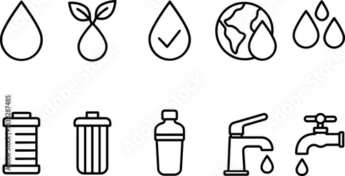 Water filtration and eco plumbing icons set. Pipes, taps, filters, drops, sustainable water outline symbols