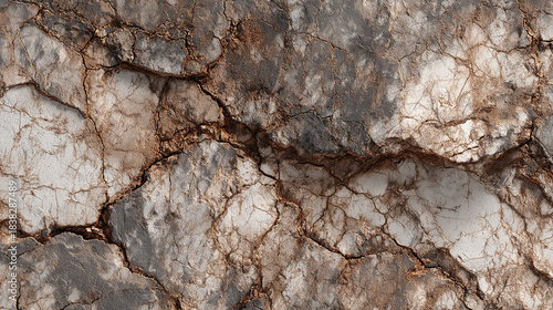 Textured close-up of a weathered rock surface, revealing intricate cracks and fissures. The surface displays a complex interplay of colors and patterns, a testament to geological forces