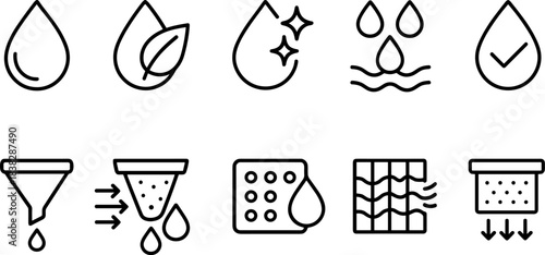 Water filtration and eco plumbing icons set. Pipes, taps, filters, drops, sustainable water outline symbols
