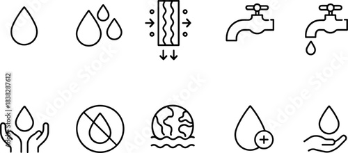 Water filtration and eco plumbing icons set. Pipes, taps, filters, drops, sustainable water outline symbols