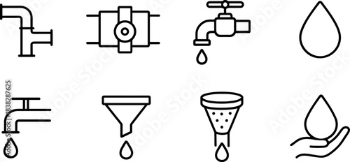Water filtration and eco plumbing icons set. Pipes, taps, filters, drops, sustainable water outline symbols