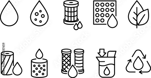 Water filtration and eco plumbing icons set. Pipes, taps, filters, drops, sustainable water outline symbols